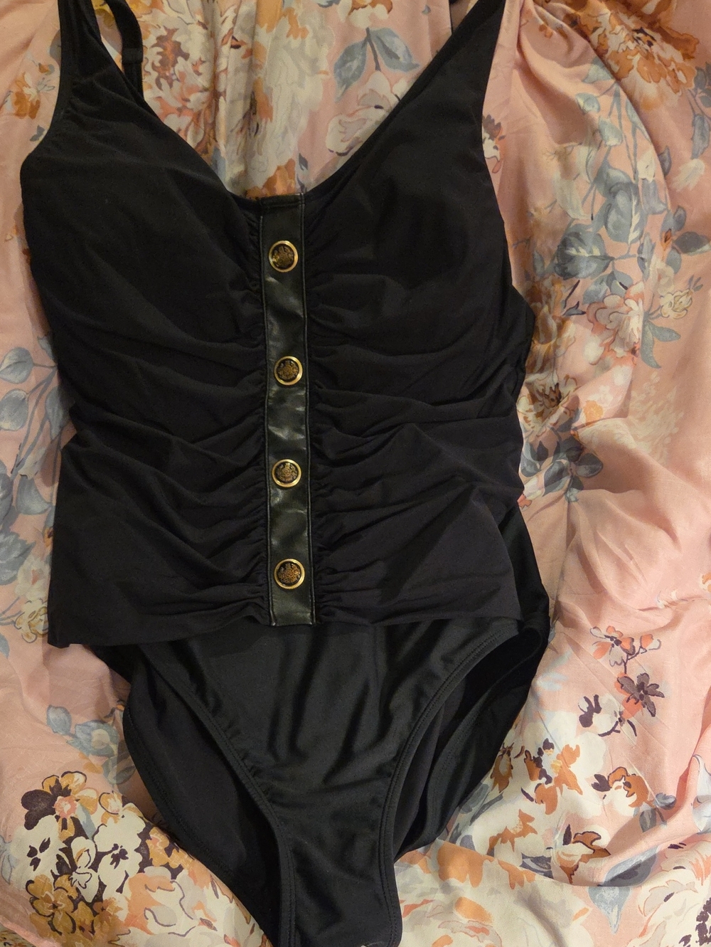 Beyond Control Black Ruched One-Piece Swimsuit with Gold Buttons Sz 16